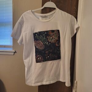 Zara White Tee with Floral Embroidery